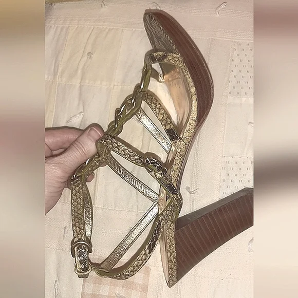 COACH | Green-ish Snake Skin Gold Ankle Strap Heels - Picture 5 of 16